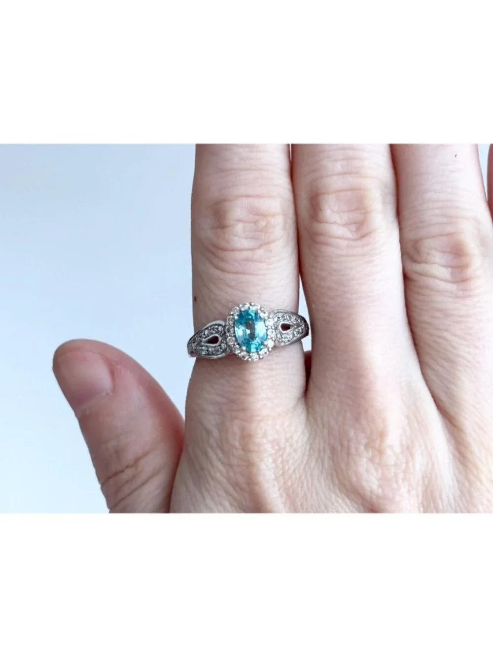 Blue Topaz Halo Style Multi Gemstone Sterling Silver 925 Vintage Ring - sz 8